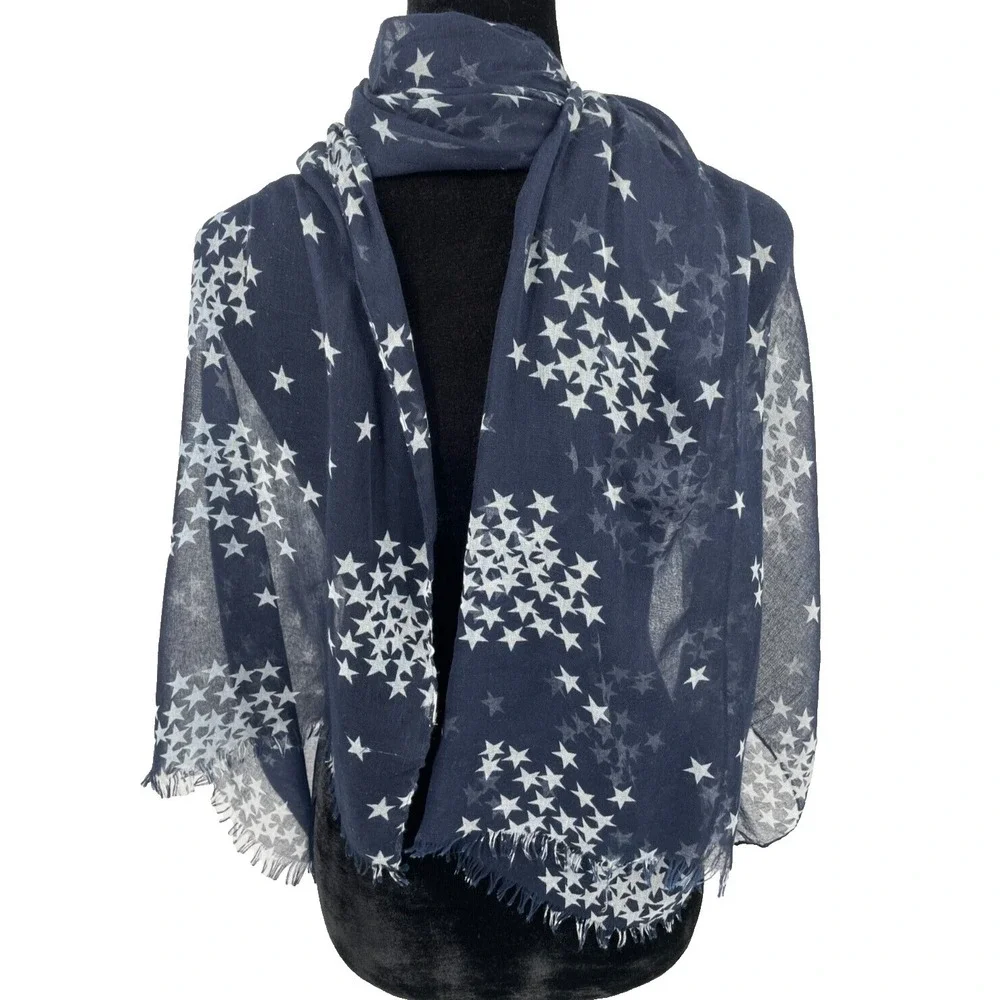 Nicole Marciano Womens Rectangular‎ Scarf One Size Navy Blue White Stars Print